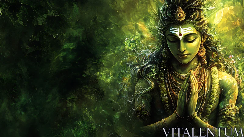 Serene green deity in prayer within abstract foliage field.
