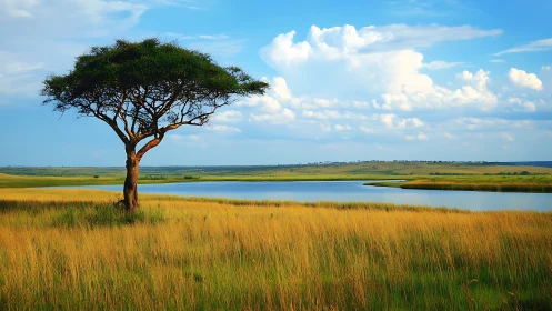Solitary acacia tree beside calm water in open grassland.