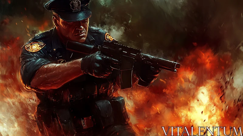 Armed police officer advances through raging urban inferno.