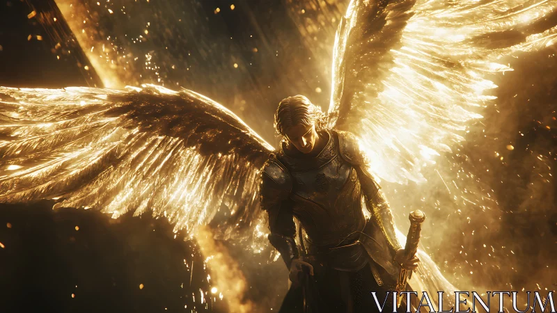 Radiant golden angel warrior resting in gentle, glowing light.
