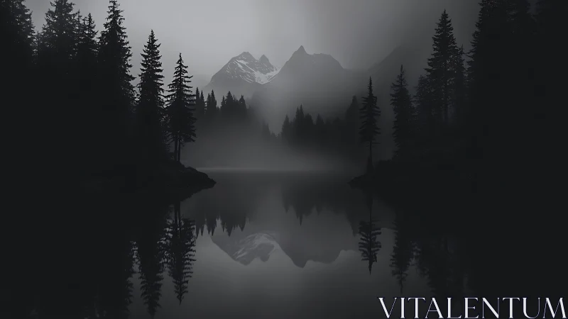 Midnight pines whisper while mountains dream in silver fog