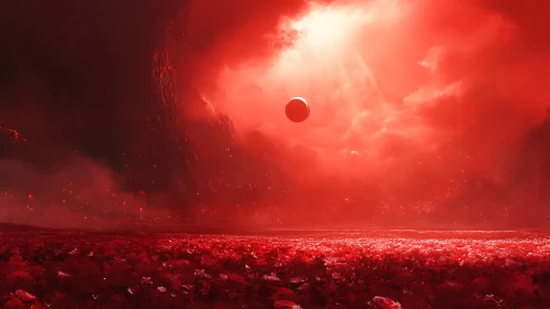 Digital painting of red alien meadow with levitating sphere.