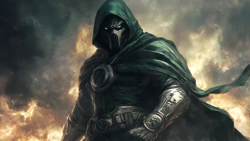 Hooded armored figure stands defiant amid stormlit chaos