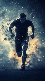 Sprinter erupts through cosmic dust in blazing motion storm.