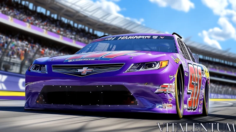 Low-angle render of purple stock car with motion blur and race decals