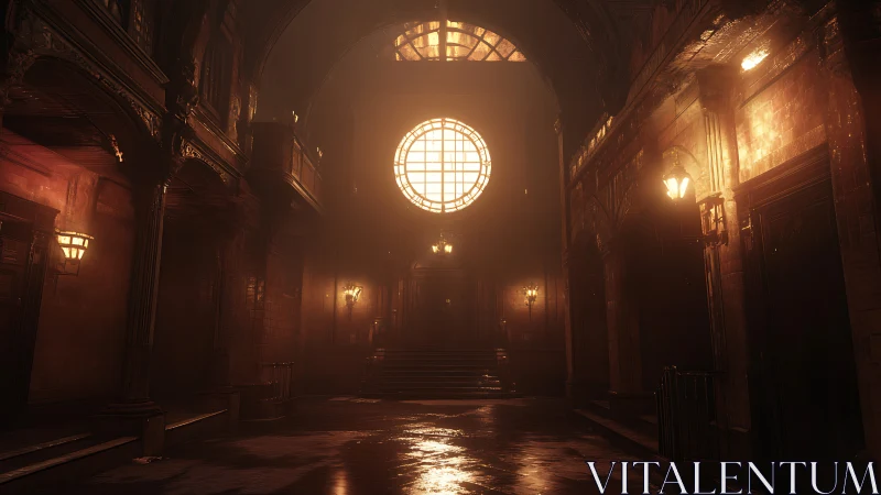 Shafts of forgotten light crown a deserted grand hall