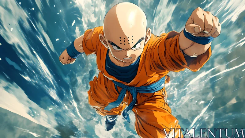 Dynamic bald fighter launches powerful aerial punch attack.