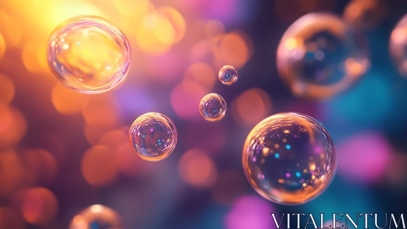 Iridescent soap bubbles float against colorful bokeh glow.