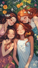 Sunlit friends dreaming together in a wildflower meadow.