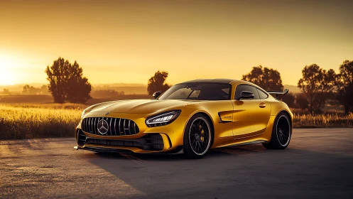 Yellow sports coupe on rural road at sunset landscape scene.