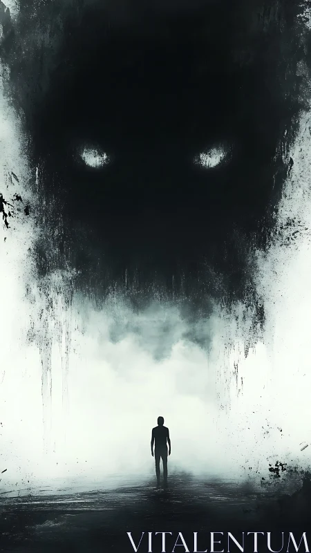 Silhouette confronts huge shadowy monster face in mist.