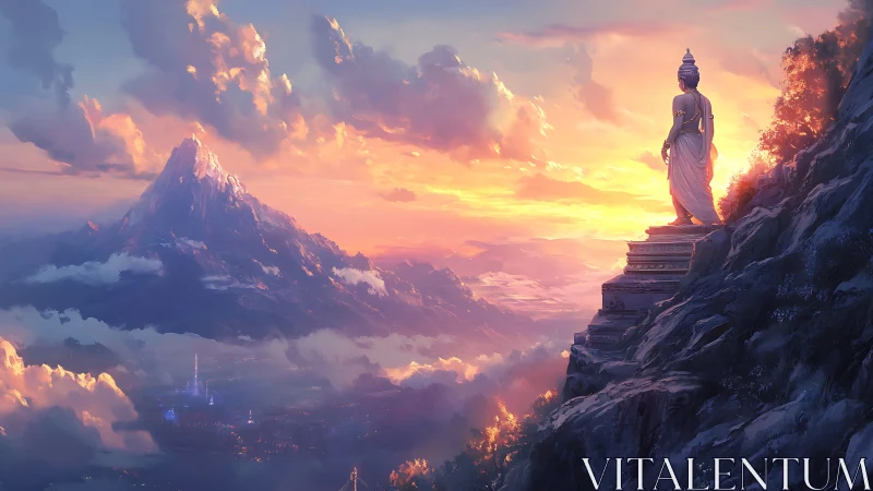 Sunlit mountain watcher greeting a dream-bright valley horizon.