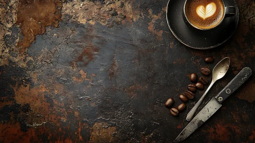 Cappuccino with latte art anchors a rustic, textural still life