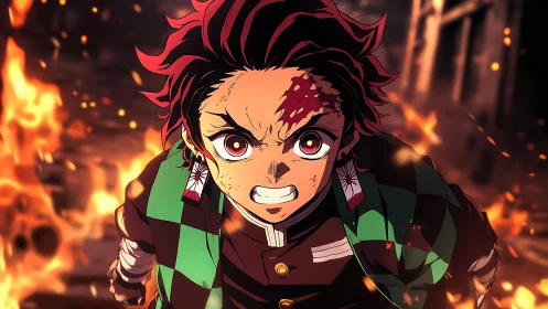 Determined anime warrior charges through blazing inferno.