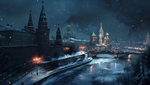 Snowflakes choreograph over a frostbitten Moscow river dream