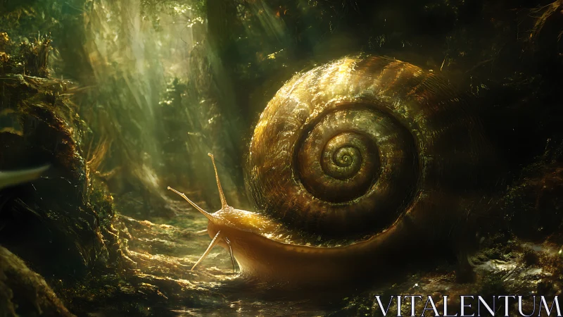 Giant snail moves through dense forest with dramatic light