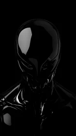 Glossy black alien humanoid figure in stark darkness.