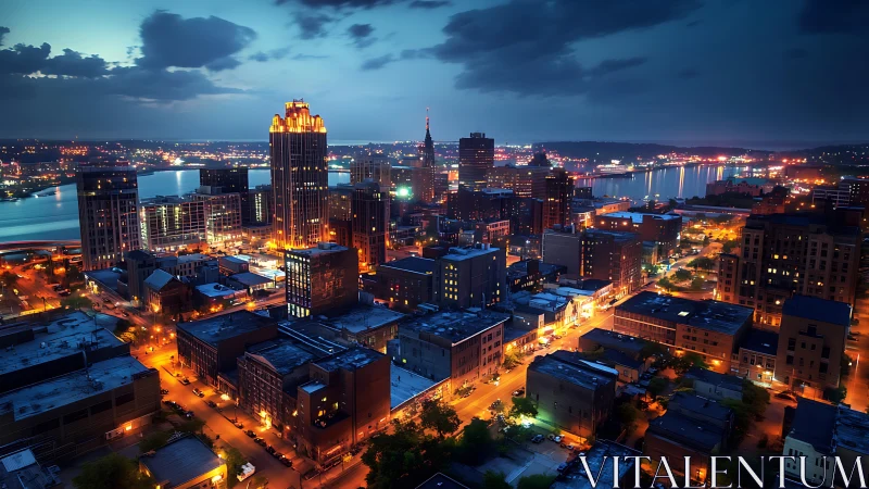 Luminous riverside skyline glows under deep blue twilight.
