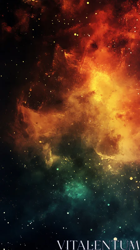 Stirring cosmic nebula glows with warm reds and deep blues