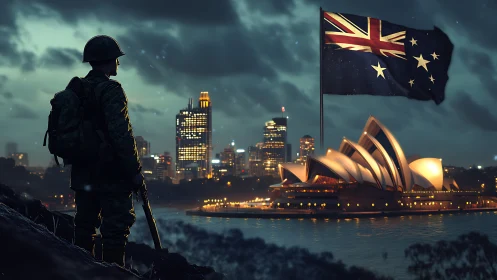 Australian soldier overlooks Sydney skyline at dusk