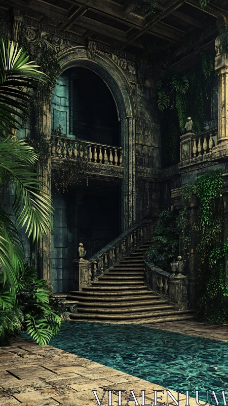 Secret jungle courtyard staircase beside a quiet emerald pool.