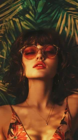 Sun-drenched muse dreaming beneath lush tropical shadows.