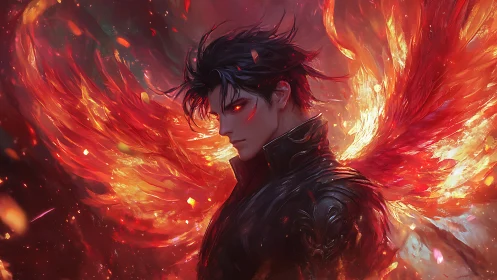 Winged fire prince wrapped in swirling crimson light.