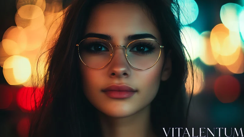 Serene young woman in glasses stands amid glowing city lights