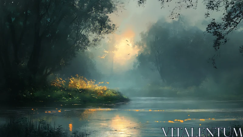 Mist-covered forest river reflects diffused backlit sunrise