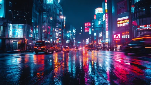 Neon lit urban street with traffic on wet reflective road.