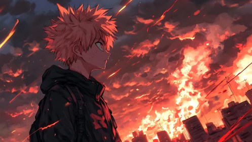 Ember-eyed teen watches a burning sky over restless city.