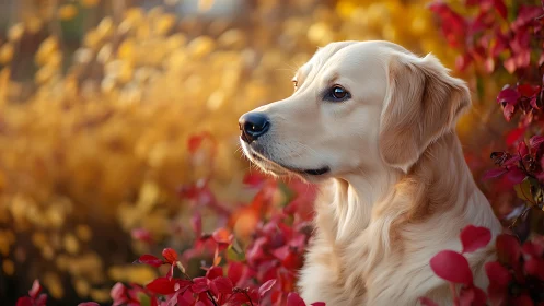 Golden retriever in autumn foliage portrait, side profile.