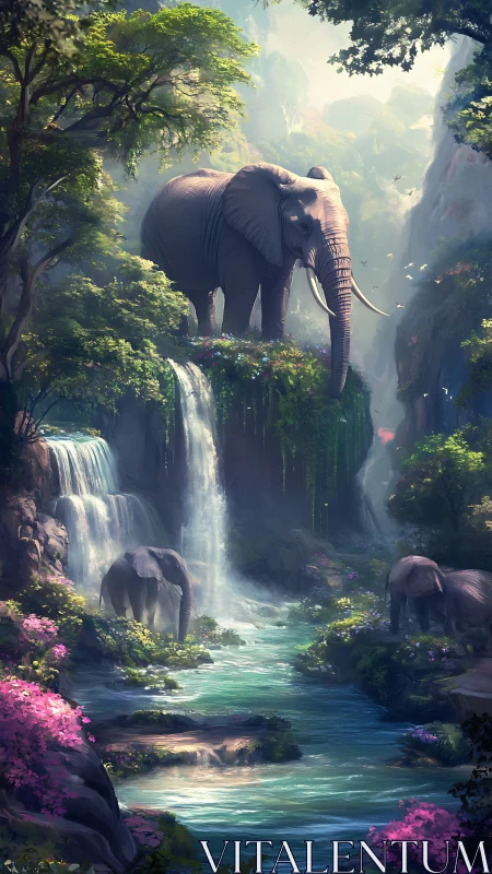 Majestic elephant overlooks lush waterfall jungle sanctuary