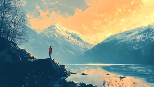 Solitary figure observes snow-covered mountains across lake