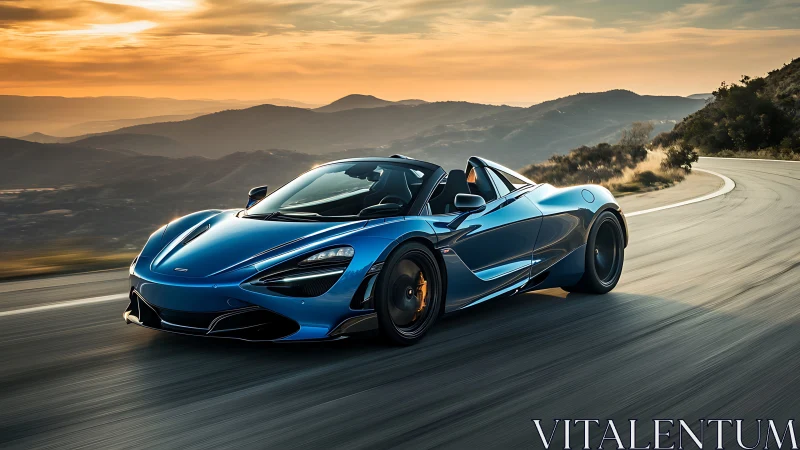 Aerodynamic blue supercar cornering mountain highway at dusk.