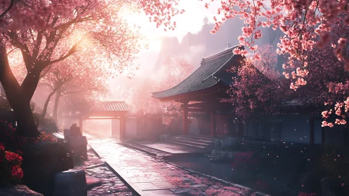 Digital painting of sakura temple courtyard in soft dawn light.