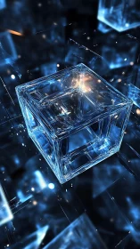 Transparent glass cube floating in a glowing digital space.