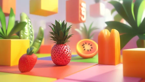 Playful tropical fruits float among pastel 3D blocks.