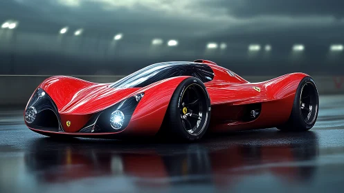Liquid-sculpted red hypercar prowls a rain-glossed night track.