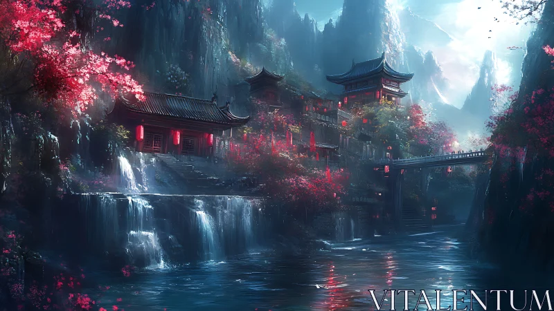 Mystic mountain temple over waterfalls and lantern river.