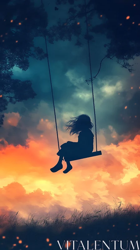 Silhouetted girl on swing suspended against incendiary sunset sky