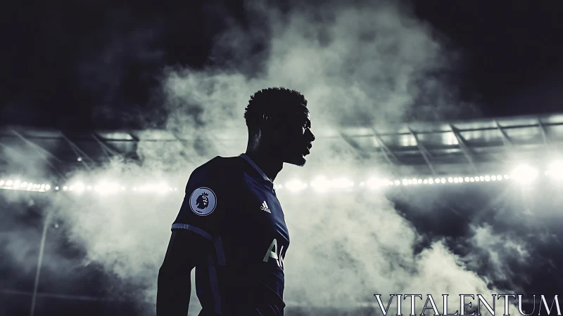 Football player silhouette in stadium floodlight haze.