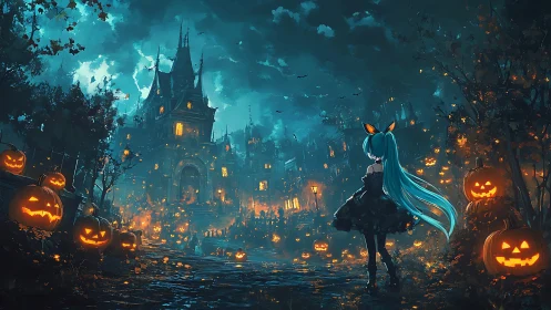 Girl with teal hair in dark Halloween pumpkin street.