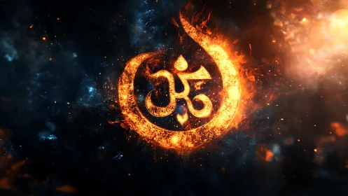Fiery Om symbol ignites against cosmic nebula backdrop.