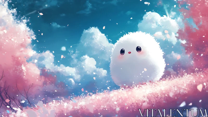 Fluffy sky-puff critter wandering a cotton candy dawn meadow.