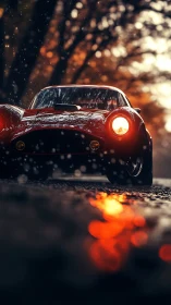 Low-angle autumn highway shot of vintage red sports coup&eacute; at dusk