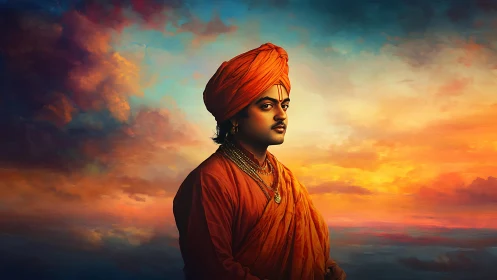 Sunset-clad mystic gazes into storm-kissed horizons.