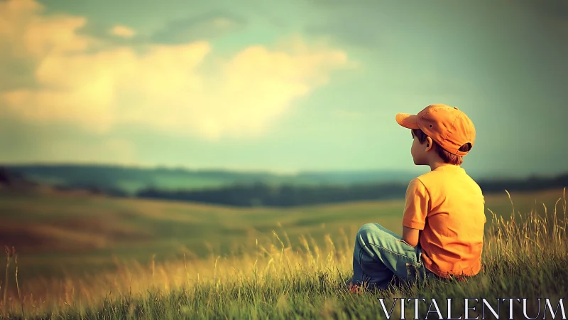 Child in orange clothing seated on grassy rural hillside.