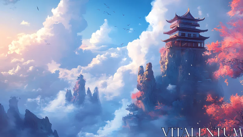 Mountain temple crowns misty cliffs under radiant dawn