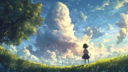 Girl on grassy hill under expansive cloud-filled sky.